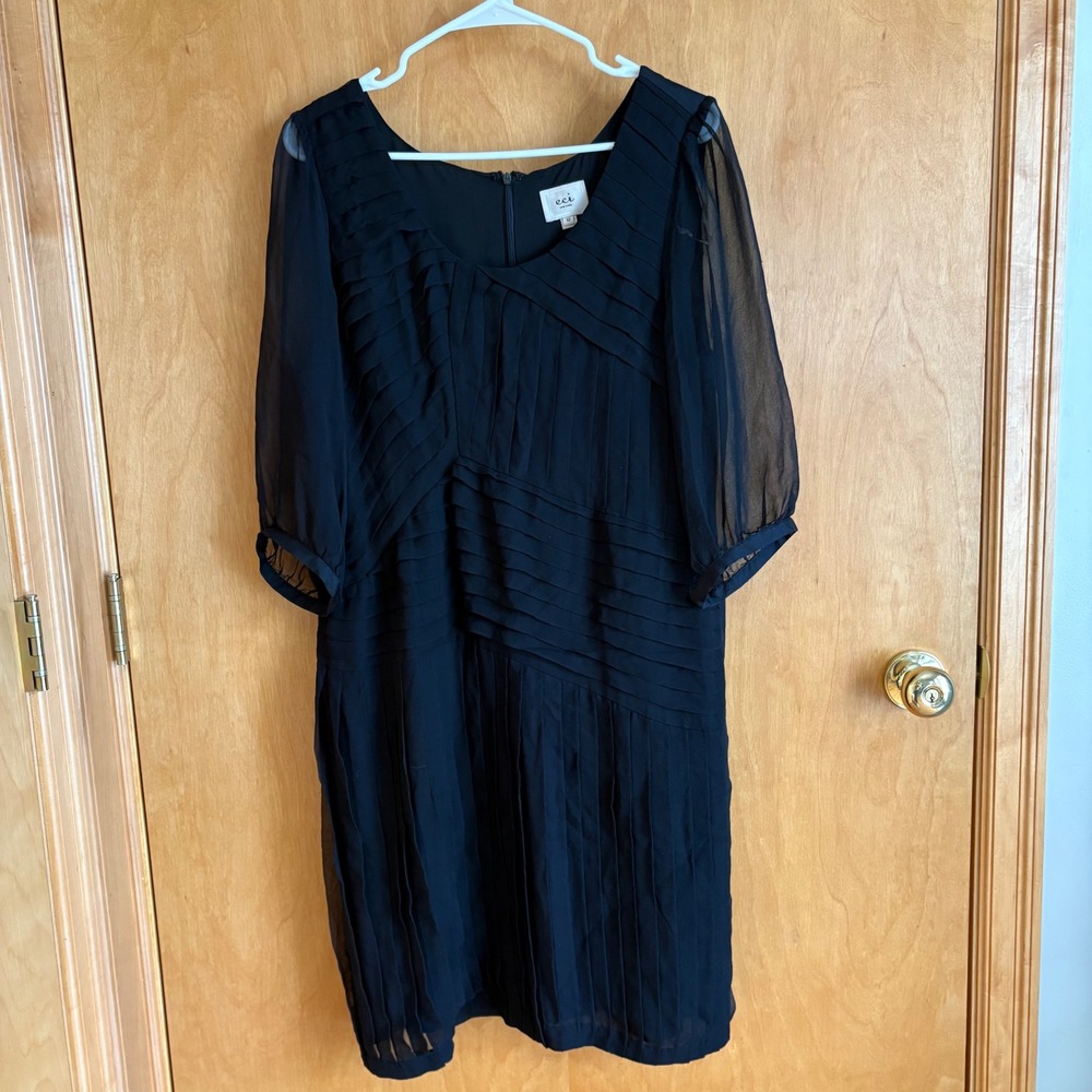 ECI New York Silk Blend Pleated Dress Womens 12 Black‎ Sheer Sleeve Cocktail